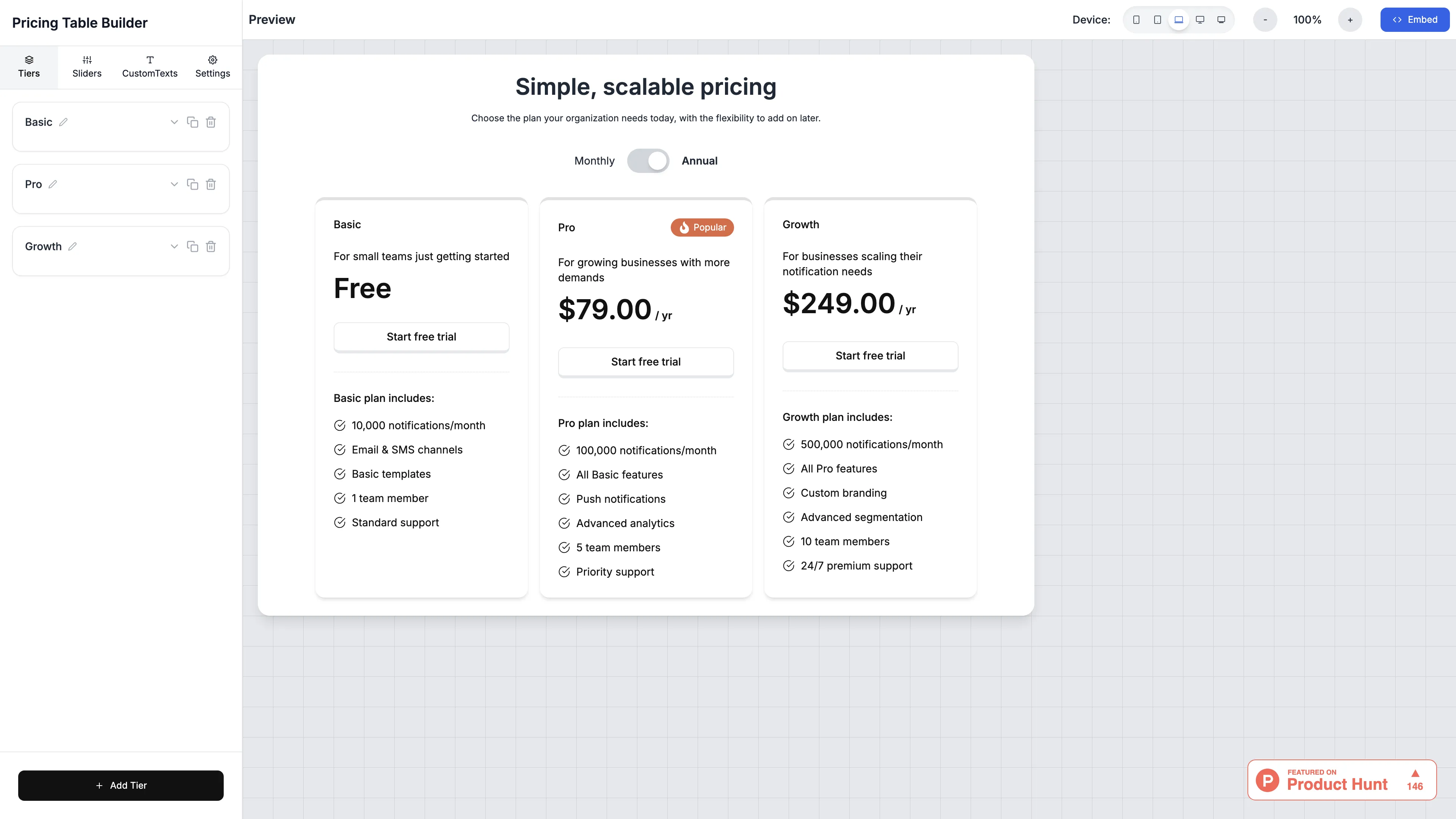 Pricing Table Builder